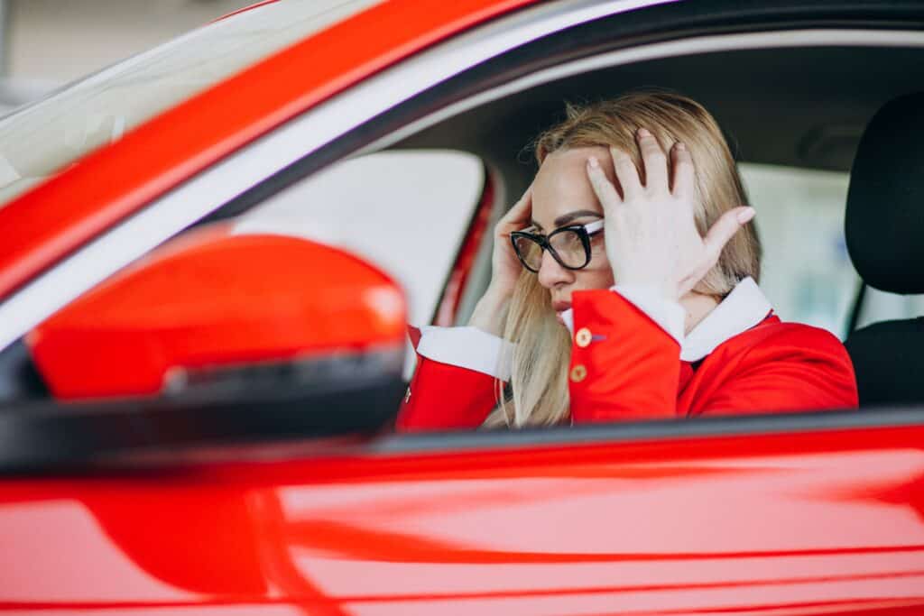 business-woman-sitting-new-car-car-showroom 開車注意事項